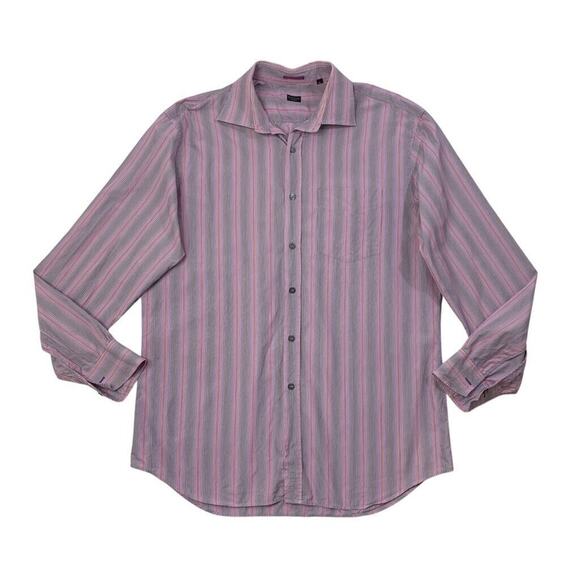 Paul Smith Shirt Mens 17.5 Pink Purple Multi Stripe Cotton Button Up Long Sleeve - Picture 1 of 8